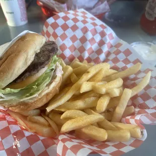 a cheeseburger and french fries