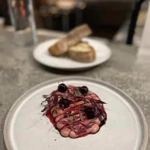 Chicken liver mousse with cherries and balsamic. This was probably my favorite dish - combo or flavors was really good &amp; worked