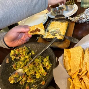 Classic guacamole and queso fundido