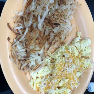 Eggs, cheese and hash browns.. yum!