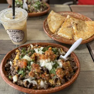 Carne Asada Bowl, Orchata and Al Pastor Quesadilla