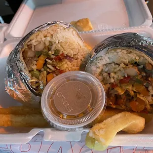 Vegan burrito and fried yuca