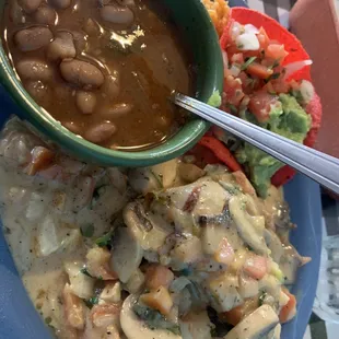 Chicken rilleno stuffed with shrimp &amp; mushrooms  Charro beans and rice were great too!