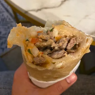 a hand holding a burrito