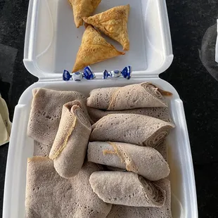 Veggie combo wrapped up in injera