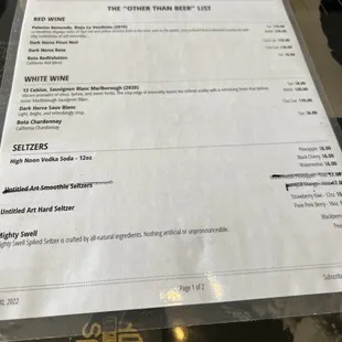 Non- beer menu