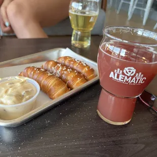 Pretzels with bacon queso + mixtape beer