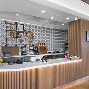 a counter with a clock on it
