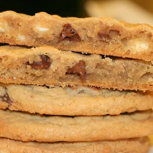 a stack of chocolate chip cookies