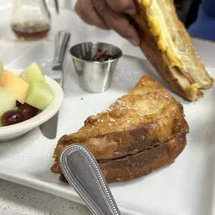 Amazing Monte Cristo, the fry batter is like funnel cake married a waffle. Get it!