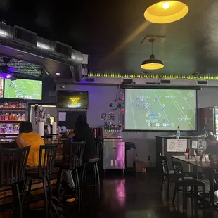 people watching a football game on a big screen