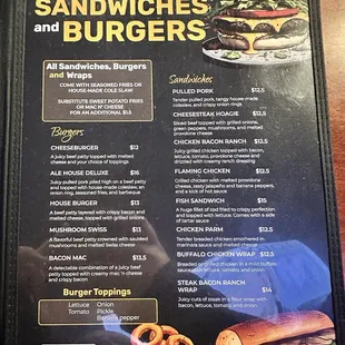 Sandwiches and Burgers Menu Page