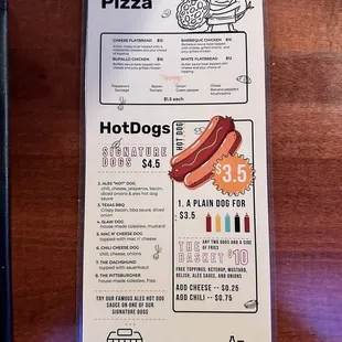 Flatbread pizza and hot dogs menu insert