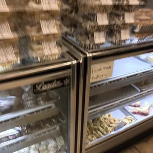 a display case filled with donuts