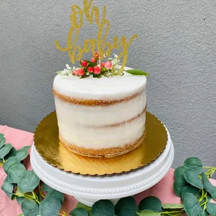 "Naked" style cake- fed 16 people, vanilla cake &amp; cookies &amp; cream mousse - I added topper etx. Under 60.00!