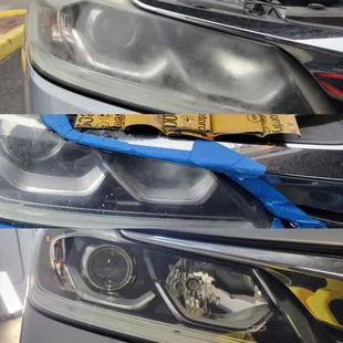Headlight restoration in stages.