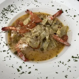 Le Tigre Shrimp, Sauted Artichoke & Caper, Tomato, White Wine Broth