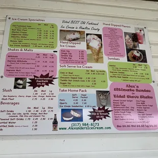 Ice cream menu