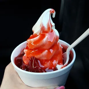 Medium strawberry sundae with real chunks of strawberries!