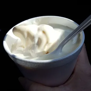 Marshmallow sundae with vanilla ice cream. It looks like it it is melting but that is the marshmallow topping!