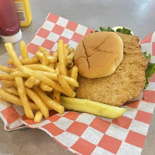 Breaded Pork Tenderloin Sandwich and Fries
