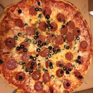 Our pepperoni and olive pizza