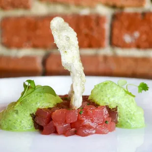 Tuna Tartare, green curry, cilantro with a seaweed tuile.