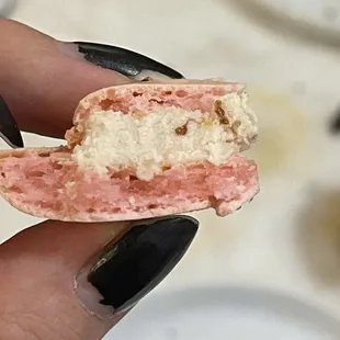 Strawberry Pink Peppercorn macaron - real chunks of strawberry in the filling!