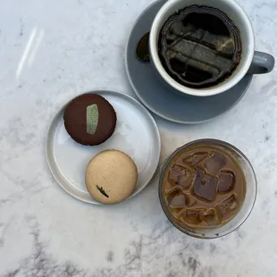 Black coffee, espresso with almond milk, sea salt &amp; rosemary apricot macarons