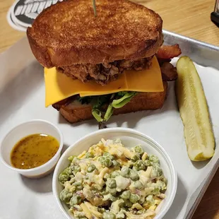Fried chicken BLT with smoked honey mustard and pea salad!