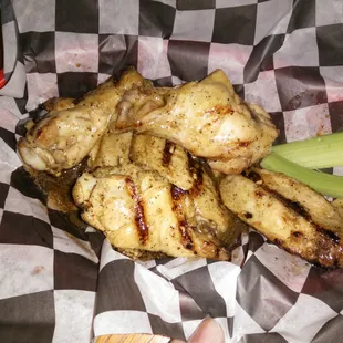 Caribbean jerk wings. All the sauce was on the bottom. Didn&apos;t taste marinaded. Nice size though. No way they were organic.