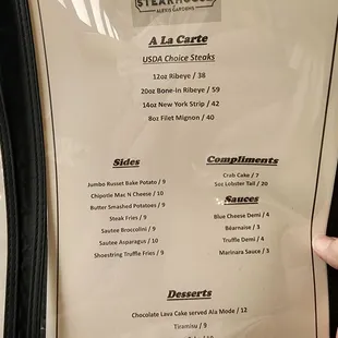 Steakhouse menu