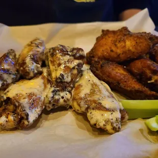 Seasoned and Slow smoked Garlic Parm and House Buffalo wings