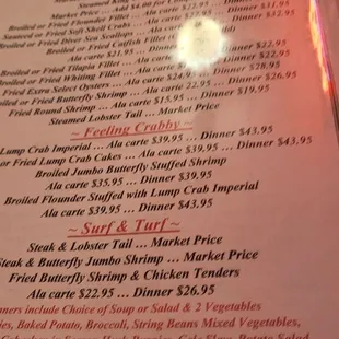 The menu with all types of seafood.