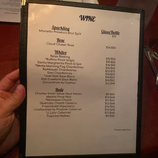 the menu for the restaurant