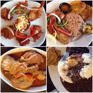 Coconut shrimp, fried chicken dish, stewed chicken (this is what I would recommend) and white rice and bean sauce.