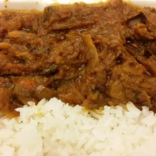 Beef w/vegetables (beef tenderized with eggplants, chayote, carrots, watercress cabbage, and spinach. Served w/a side of plantains and side)