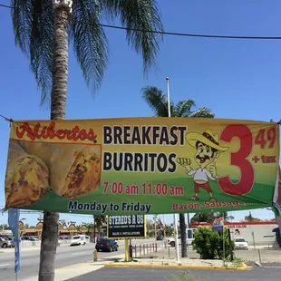 Breakfast burritos only $3.49 (Ham,Bacon,Sausage) 8am to 11am please excuse typo on sign