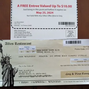 We get these coupons signing up for their personal club We get the &quot;free&quot; entree by them adding up your points when you go