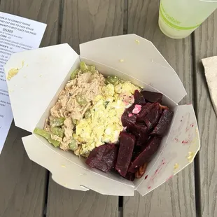 From left to right: Chicken salad, egg salad, and beet salad. This is the 2 protein 1 side combo meal