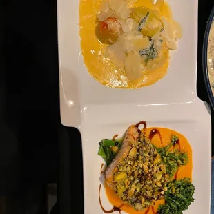Lobster and crab ravioli and salmon