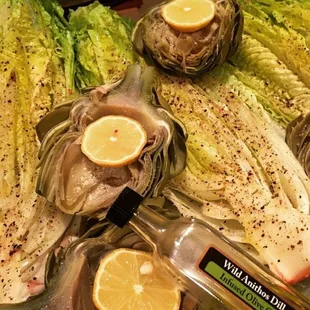Grilled romaine and artichokes with dill olive oil!