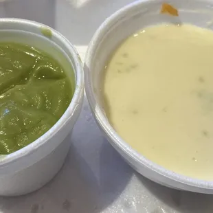 Some kind of avocado purée and watered down queso