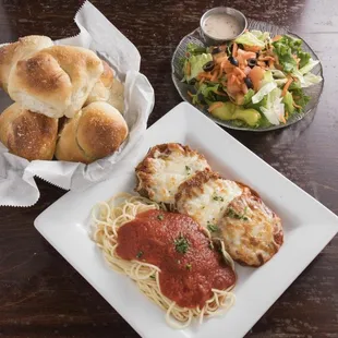 Eggplant Parmesan, Garlic rolls, and House salad