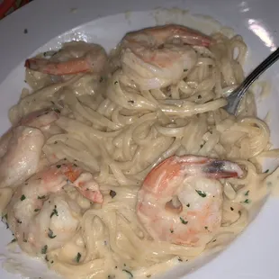 Shrimp Scampi over Linguini Alfredo