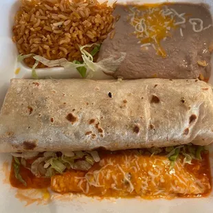 Shredded beef burrito, beans and rice