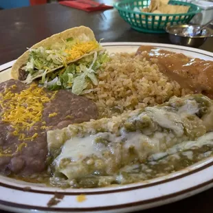 ##3. Cheese Enchilada topped with green sauce &amp; jack cheese, Beef Taco and Chile Relleno w/Rice &amp; Beans