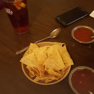 tortilla, salsa, and a drink