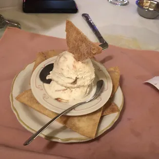 Dessert cinnamon crips with ice cream! It was so good!!!! You have to finish your night with this!
