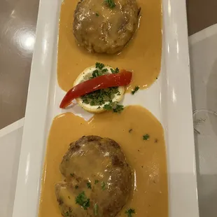 Crab cakes. Too much sauce. Otherwise, good.